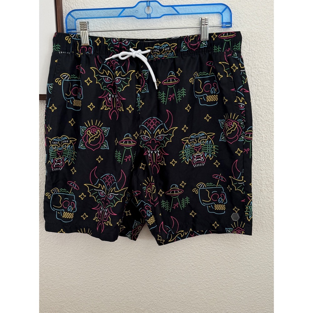 Empyre Mens Neon Graphic Swim Trunks Black Dragon Neon Tiger Board Shorts Size M
